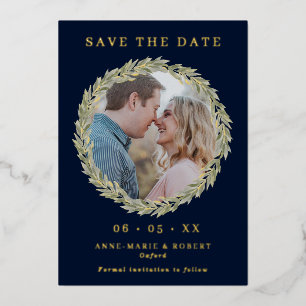 Laurierkrans op Navy Foto Huwelijk Save the Date Folie Uitnodiging