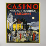 Lausanne, Casino Municipal de Montbenon Art Deco Poster<br><div class="desc">Prachtige Art Deco-poster voor het casino van Lausanne in Zwitserland,  die rond 1930 in steen-lithografie is gedrukt. Een hoogwaardige reproductieafdruk.</div>