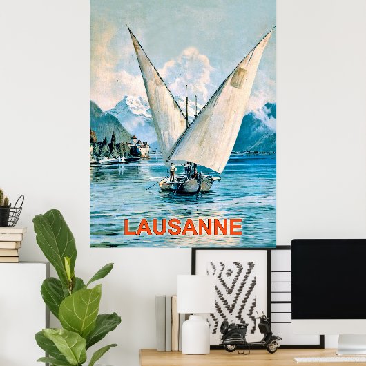 Lausanne, het meer van Genève, Zwitserland, oud re Poster (Thuiskantoor)