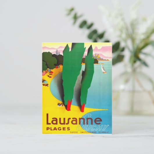 Lausanne, het strand van Genève in het meer, Zwits Briefkaart (Staand voorkant)