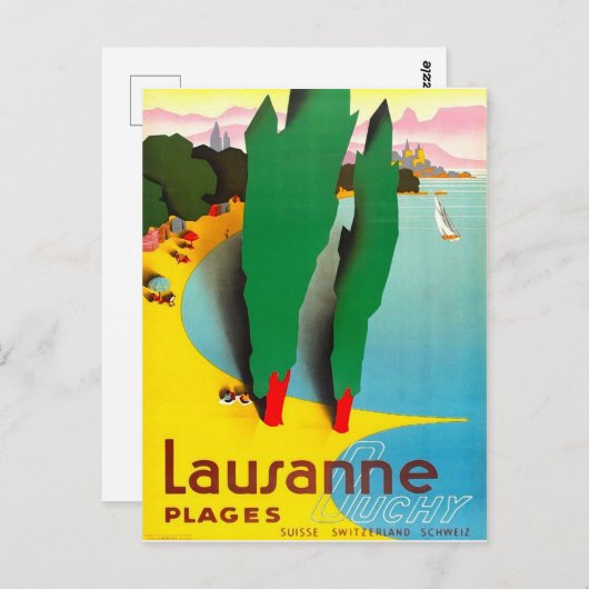 Lausanne, het strand van Genève in het meer, Zwits Briefkaart (Voorkant / Achterkant)