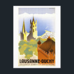 Lausanne-Ouchy, Zwitserland, Reisposter Briefkaart<br><div class="desc">Dit briefkaart is een reproductie van een vintage reis poster adverteren Lausanne-Ouchy in Zwitserland.</div>