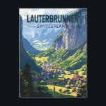 Lauterbrunnen Zwitserland Reizen Kunst Vintage Briefkaart<br><div class="desc">Lauterbrunnen retro vector reisontwerp. Gelegen in een dal met rotsachtige kliffen en de brullende Staubbach Herfsten.</div>