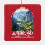 Lauterbrunnen Zwitserland Reizen Kunst Vintage Keramisch Ornament<br><div class="desc">Lauterbrunnen retro vector reisontwerp. Gelegen in een dal met rotsachtige kliffen en de brullende Staubbach Herfsten.</div>