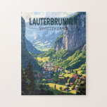 Lauterbrunnen Zwitserland Reizen Kunst Vintage Legpuzzel<br><div class="desc">Lauterbrunnen retro vector reisontwerp. Gelegen in een dal met rotsachtige kliffen en de brullende Staubbach Herfsten.</div>