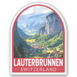 Lauterbrunnen Zwitserland Reizen Kunst Vintage Sticker<br><div class="desc">Lauterbrunnen retro vector reisontwerp. Gelegen in een dal met rotsachtige kliffen en de brullende Staubbach Herfsten.</div>