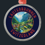 Lauterbrunnen Zwitserland Retro Noodcirkel Metalen Ornament<br><div class="desc">Lauterbrunnen retro vector reisontwerp. Gelegen in een dal met rotsachtige kliffen en de brullende Staubbach Herfsten.</div>