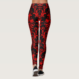 Lava Red op Black Floral Swirls Damask Leggings