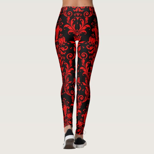 Lava Red op Black Floral Swirls Damask Leggings (Achterkant)
