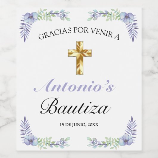 Lavanda Española Floral Baby Boy Bautizo Wijn Etiket (Enkel label)
