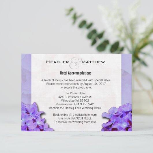 Lavander Hydrangeas Kamerreserveringen Informatiekaartje (Staand voorkant)