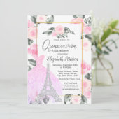 Lavander Jurk, Eiffeltoren Floral Quinceañera Kaart (Staand voorkant)