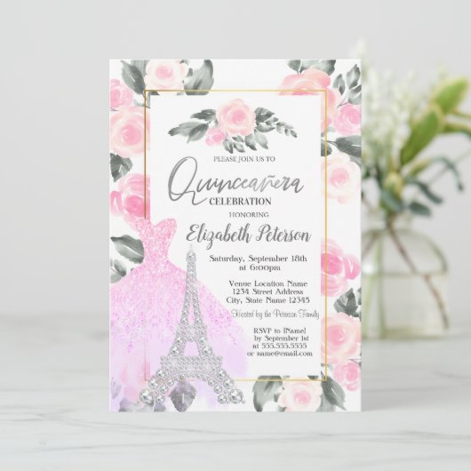 Lavander Jurk, Eiffeltoren Floral Quinceañera Kaart (Staand voorkant)