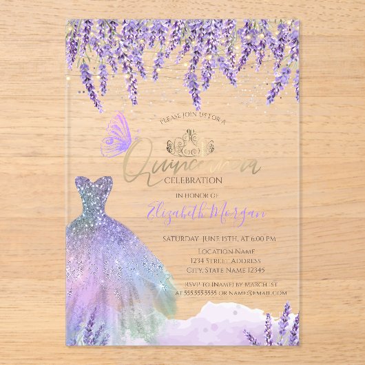  Lavander,String Lights,Glitter Dress Quinceanera Acryl Uitnodigingen (Voorkant)