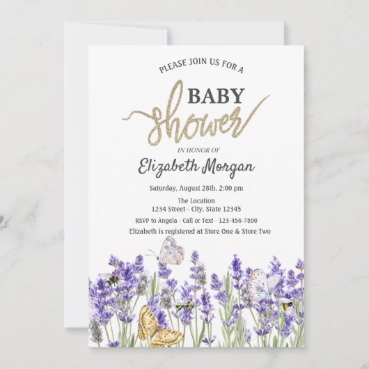 Lavander Vlinders Botanisch Baby shower Kaart (Voorkant)
