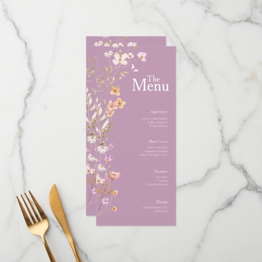 Lavendar Bloemen Wedding Event Menu Tafel Decor (Voorkant / Achterkant in situ)