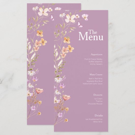 Lavendar Bloemen Wedding Event Menu Tafel Decor (Voorkant / Achterkant)