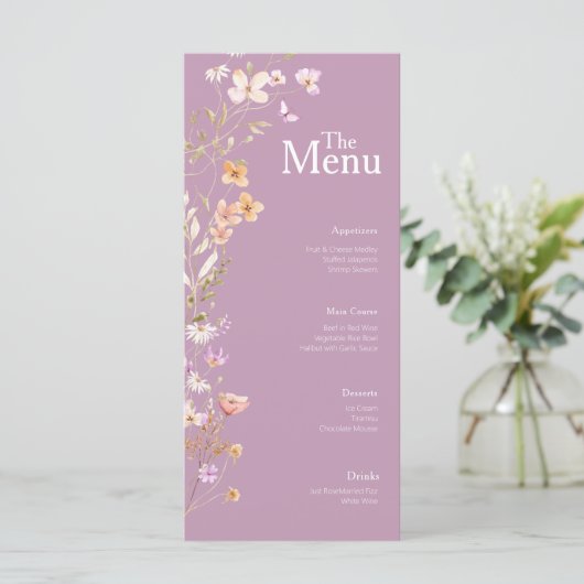 Lavendar Bloemen Wedding Event Menu Tafel Decor (Staand voorkant)