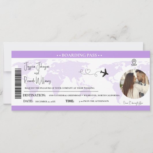 Lavendar Bruiloft uitnodiging Boarding pass ticket (Voorkant)