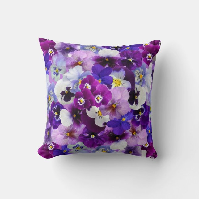 Lavendar, White, Paarse Pansy Floral Pillow Kussen (Voorkant)