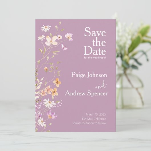 Lavendar Wildflowers Wedding Save the Date Kaart (Staand voorkant)