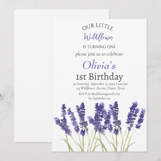Lavendel 1e Verjaardags Meisje Paarse Bloemen Kaart (Voorkant / Achterkant)