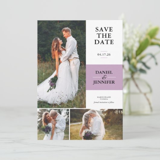 Lavendel 3-foto galerij bruiloft Opslaan van de da Save The Date (Staand voorkant)