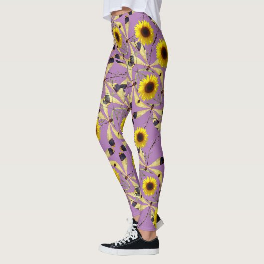 Lavendel Abstracte Zonnebloem Dragenfly Leggings (Links)