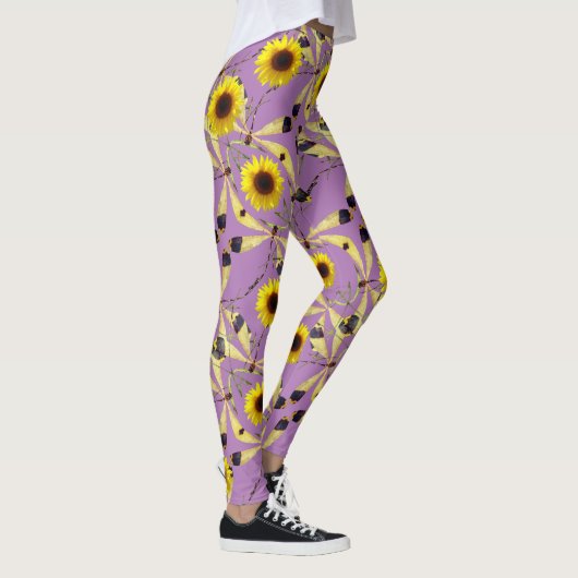 Lavendel Abstracte Zonnebloem Dragenfly Leggings (Rechts)
