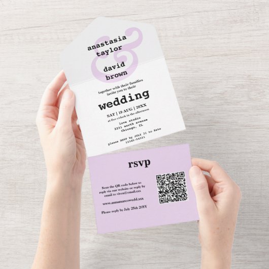 Lavendel Ampersand QR Code All-in-één uitnodiging (Afscheurbaar)
