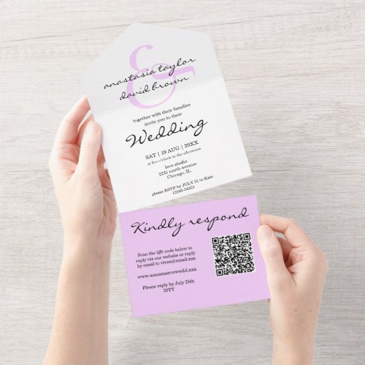Lavendel Ampersand QR Code All-in-One Uitnodiging (Afscheurbaar)