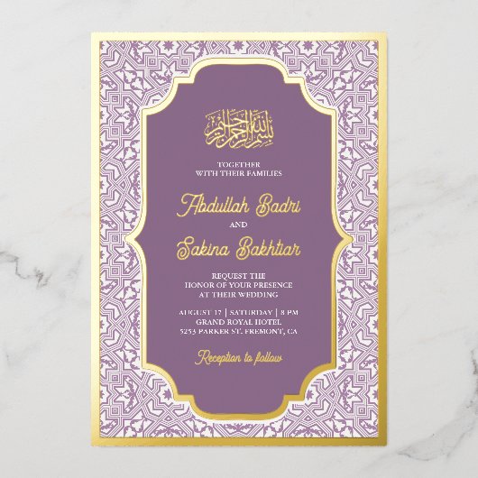 Lavendel Arabesk Patroon Moslim Bruiloft Goud Folie Uitnodiging (Voorkant)