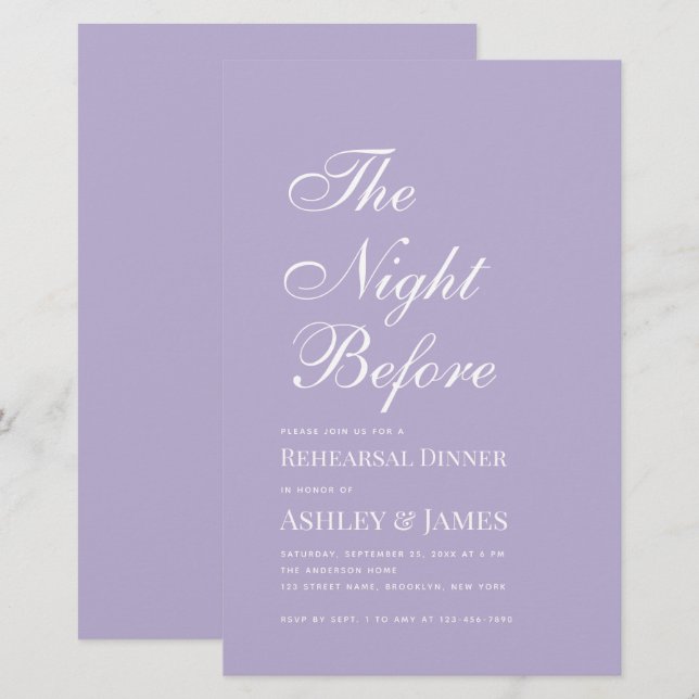 Lavendel avond voor repetitie diner uitnodiging (Voorkant / Achterkant)