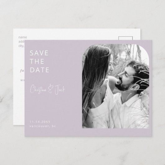 Lavendel B/W Photo Arch Bruiloft Save the Date Briefkaart (Voorkant / Achterkant)