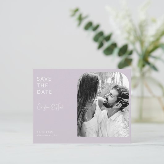 Lavendel B/W Photo Arch Bruiloft Save the Date Briefkaart (Staand voorkant)