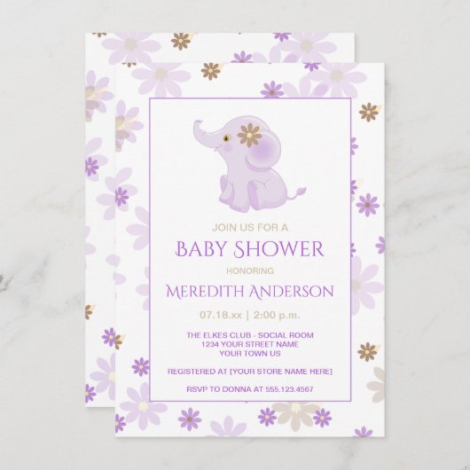 Lavendel Baby Elephant Floral Baby shower | Kaart (Voorkant / Achterkant)