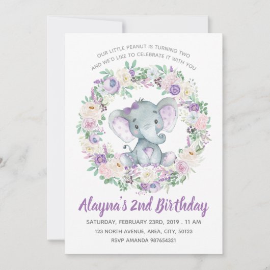 Lavendel Baby Olifant Verjaardagsuitnodiging Kaart (Voorkant)