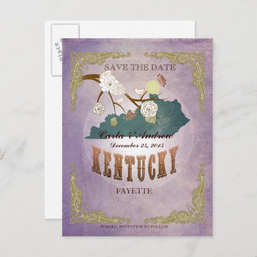 Lavendel Bewaar de datum -KY kaart met mooie vogel (Voorkant / Achterkant)