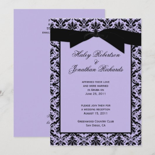 Lavendel Black Damask Post Huwelijksfeest Kaart (Voorkant / Achterkant)
