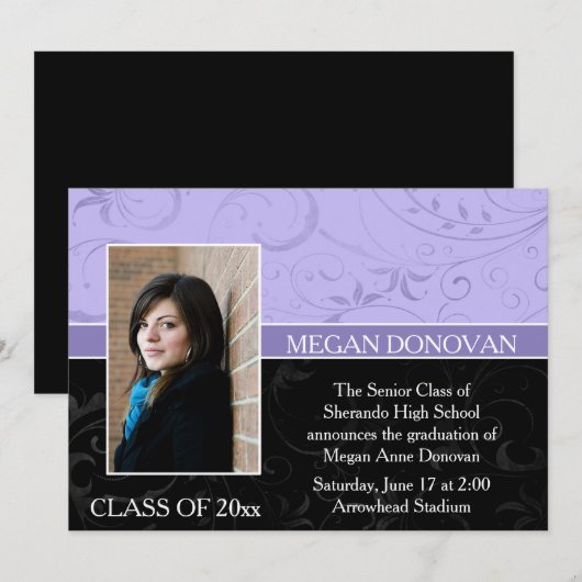 Lavendel Black Swirls Foto Afstuderen Uitnodiging (Voorkant / Achterkant)