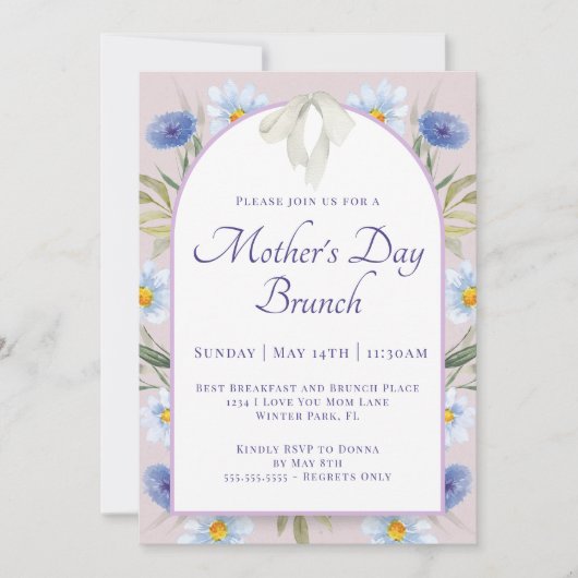 Lavendel Blauw Bloemen Cream Bow Moederdag Brunch Kaart (Voorkant)