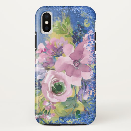 Lavendel Blauwe Waterverf Bloemenglitter Case-Mate iPhone Case (Achterkant)