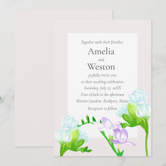 Lavendel Blauwe Waterverf Freesia Bloemen Bruiloft Kaart (Voorkant / Achterkant)