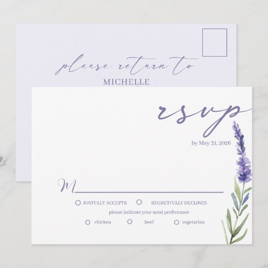Lavendel Bliss Elegante Waterverf bruiloft RSVP Kaart (Voorkant / Achterkant)