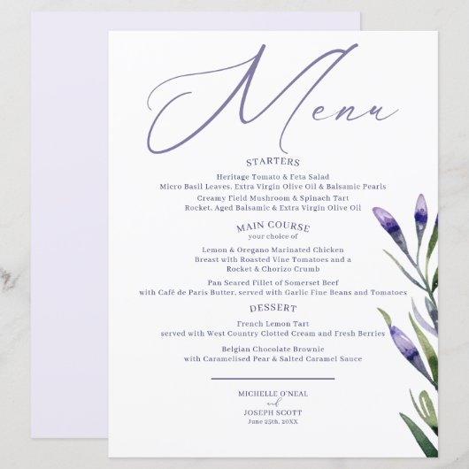 Lavendel Bliss Elegante Waterverf Trouwmenu (Voorkant / Achterkant)