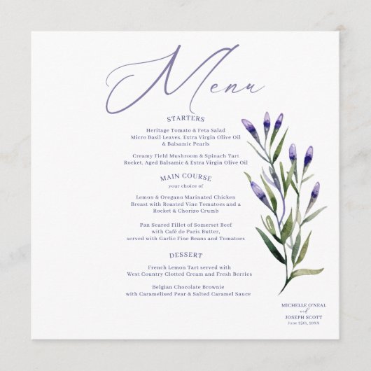 Lavendel Bliss Elegante Waterverf Trouwmenu Menu (Voorkant)