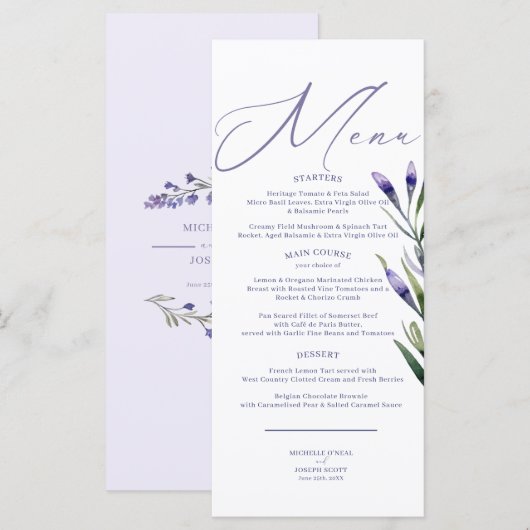 Lavendel Bliss Elegante Waterverf Trouwmenu Menu (Voorkant / Achterkant)