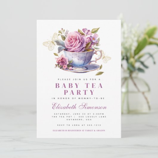 Lavendel Bloem Theekopje Baby Thee Party Baby Show Kaart (Staand voorkant)