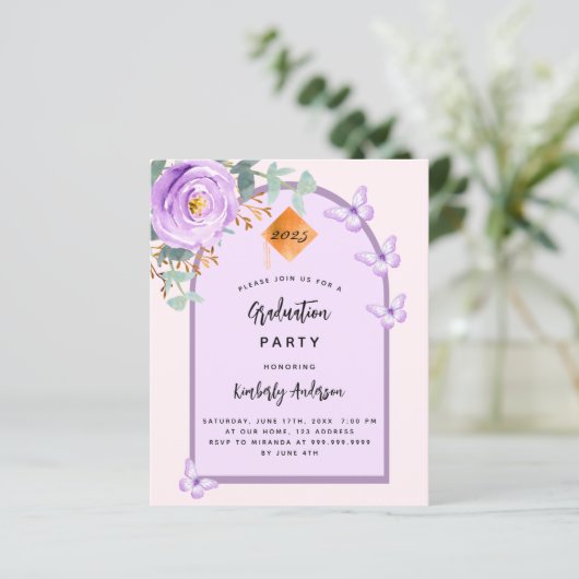 Lavendel bloemboog Graduation Party uitnodiging (Staand voorkant)