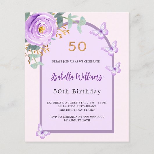 Lavendel bloemboog vlinder Verjaardag uitnodiging (Voorkant)